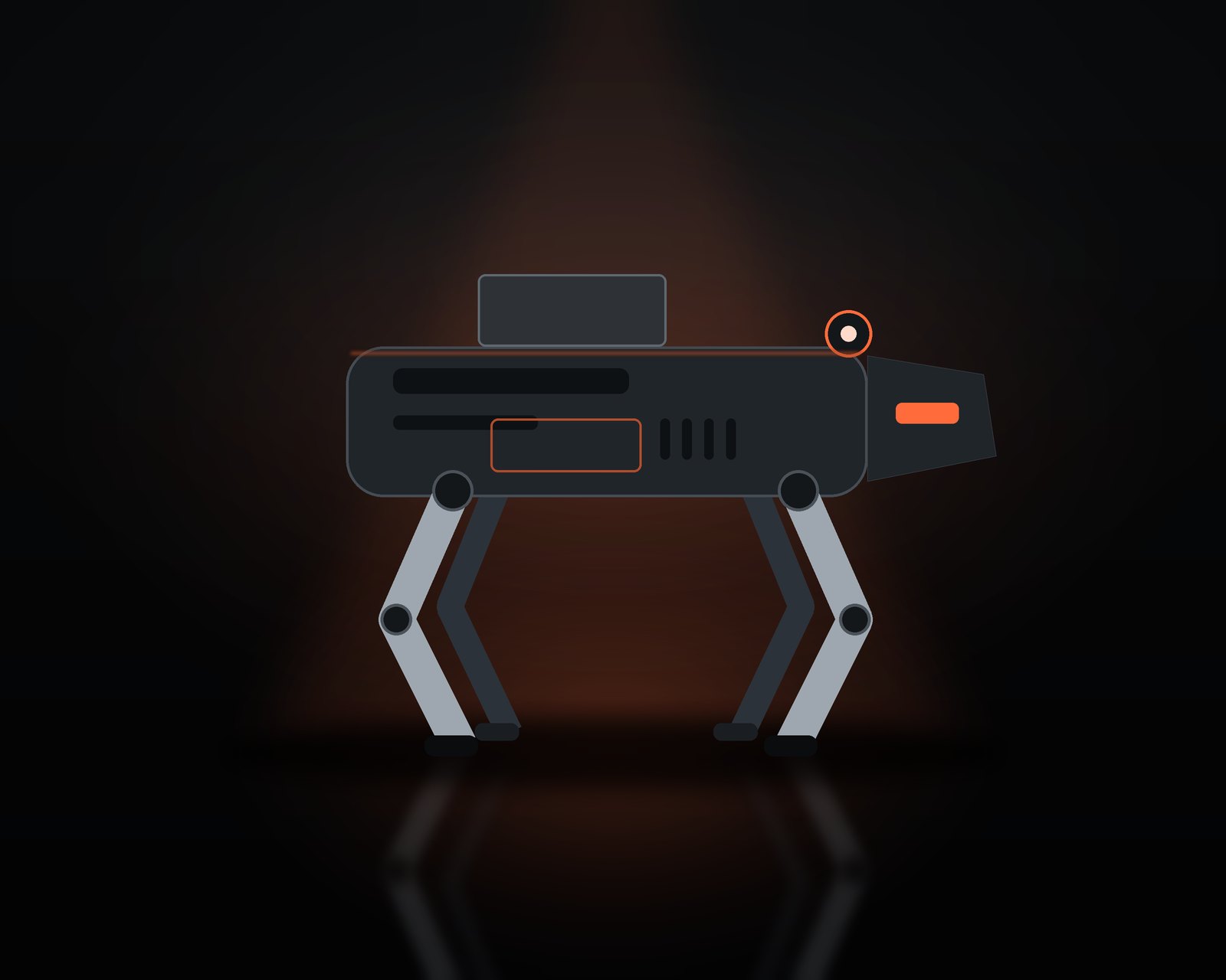 Rex under a stage spotlight carrying a plain case on his back, ready for a product reveal.